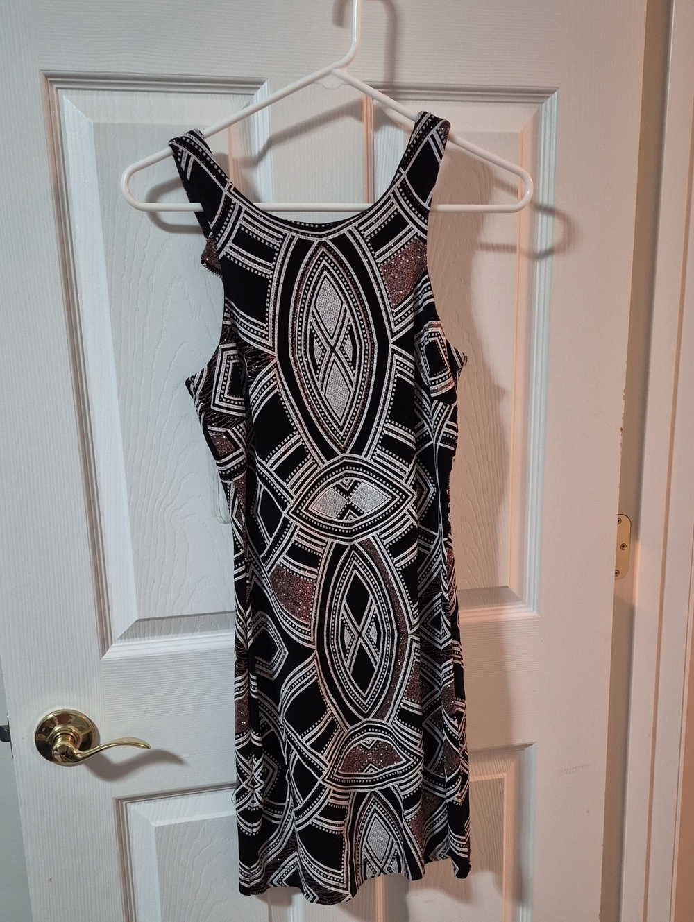 Speechless Black Dress with Rose Gold Geometric Print